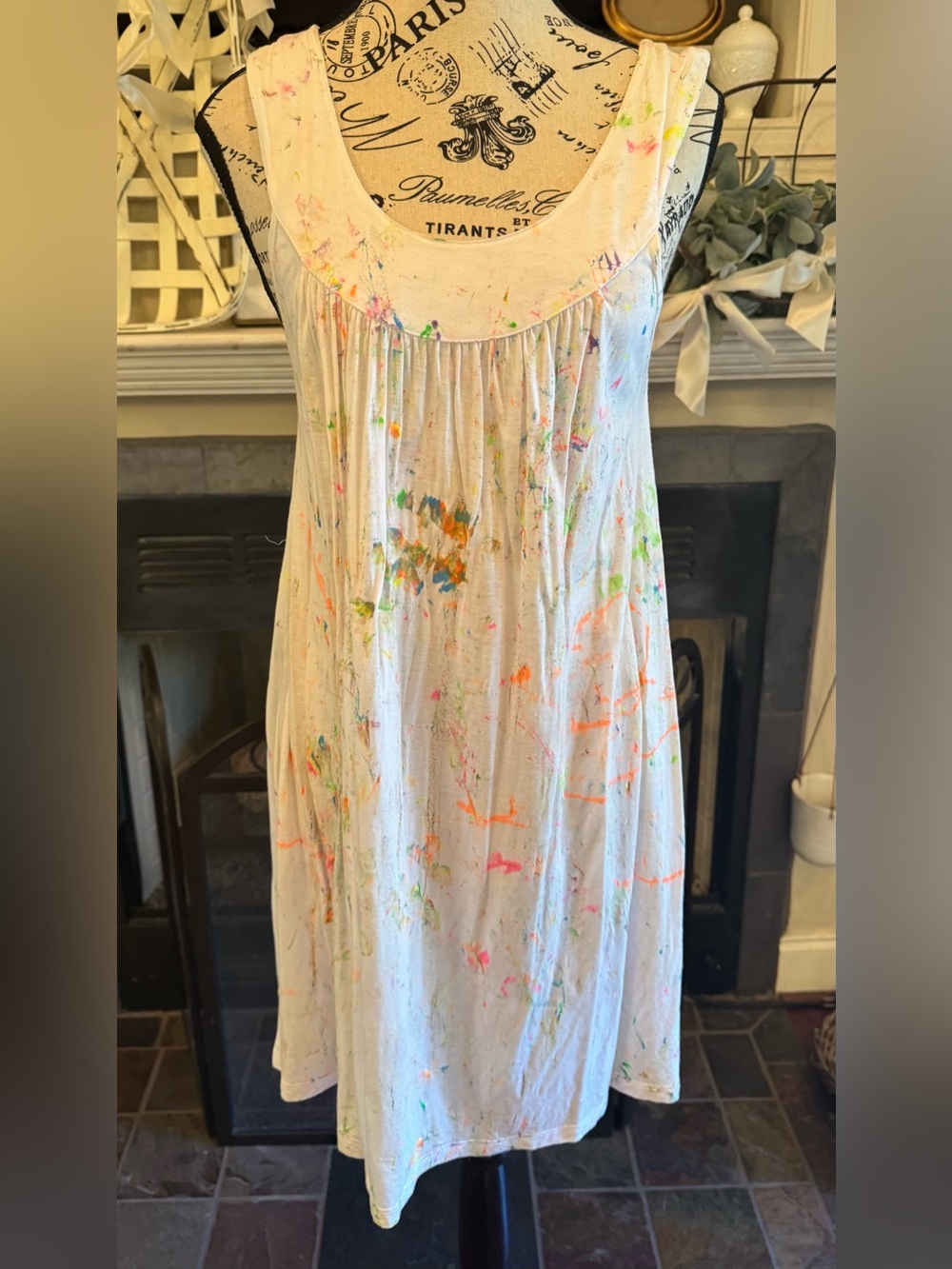 Cejon Vintage 90s Paint Splatter Sundress White Art to Wear Cover Up Sleeveless
